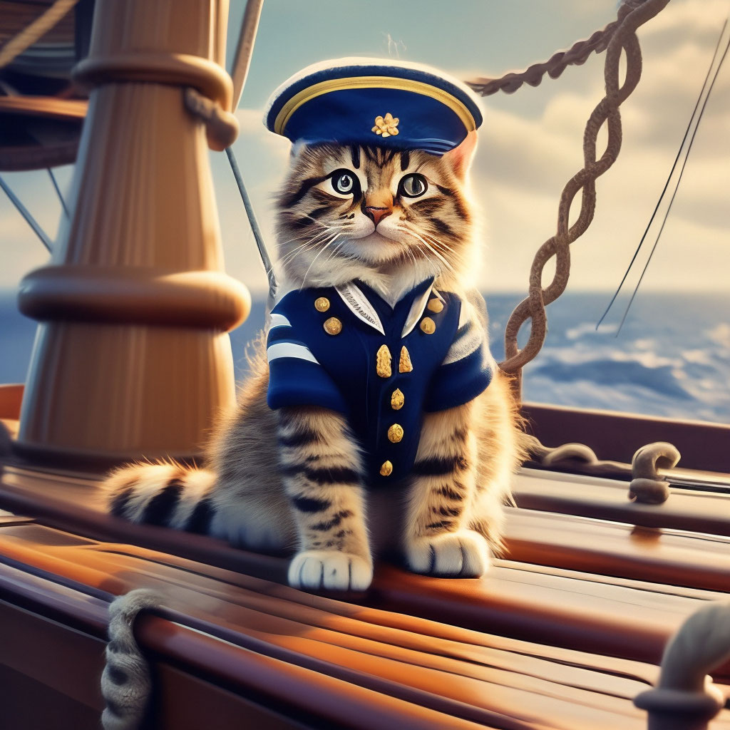 "A sailor cat on a ship scrubs the deck" — image created in Shedevrum