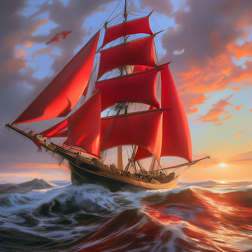"Scarlet sails. An old sailboat with scarlet sails in the sea" — image ...