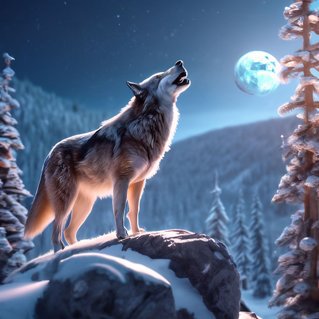 "Hyperrealism a wolf in a winter forest stands on a rock at night and ...