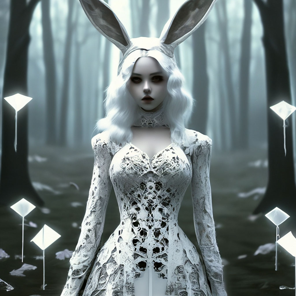 in the forest there is a rabbit girl with rabbit ears and in a gothic ...