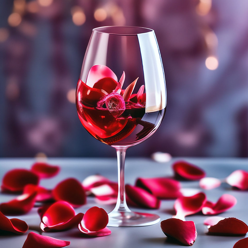 "A glass of delicious red wine rose with rose petals, crystal glass ...