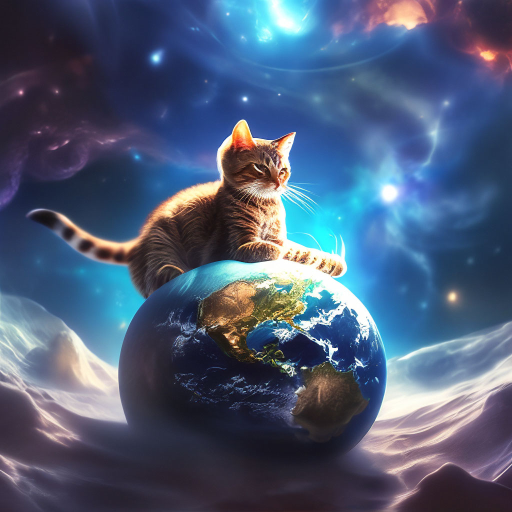 "A cat plays with a lump of earth in the universe" — image created in ...