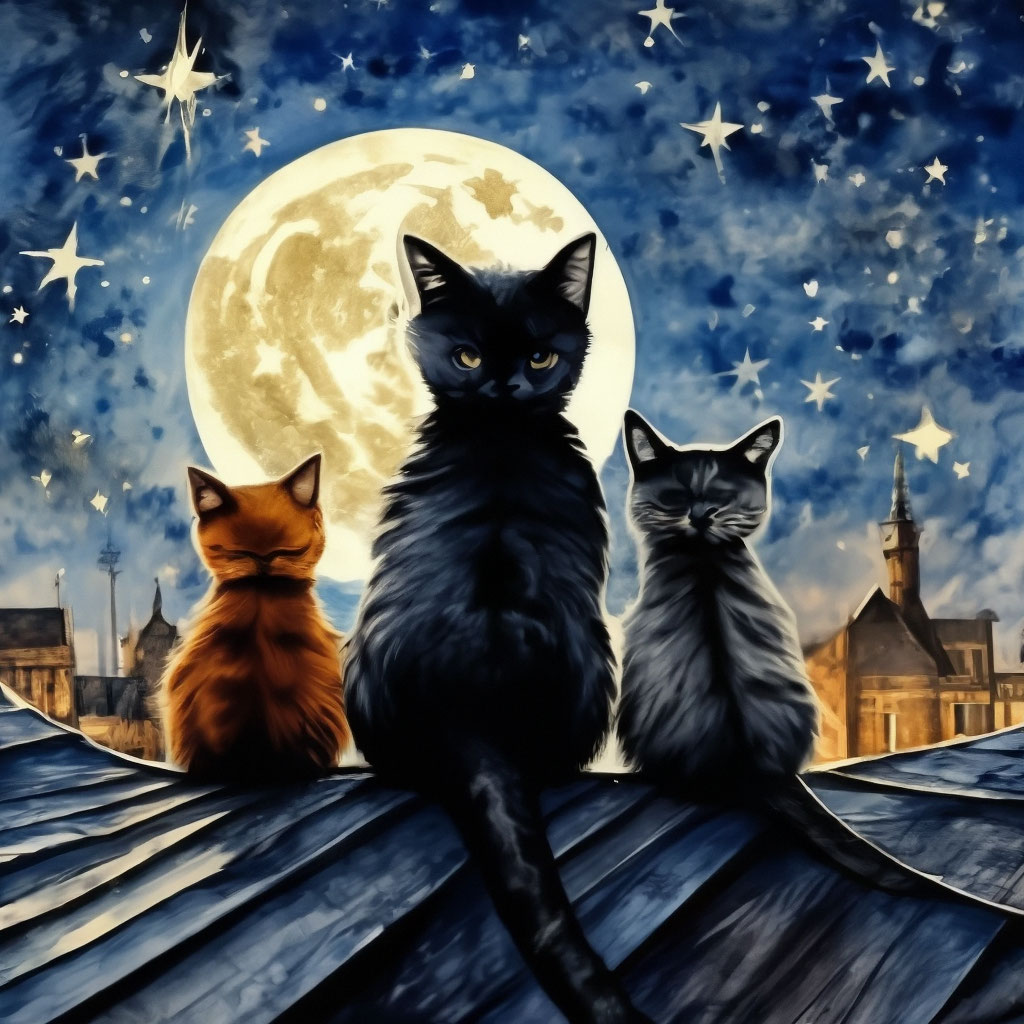 "A cat and a kitty are sitting on the roof looking at the moon, stars ...