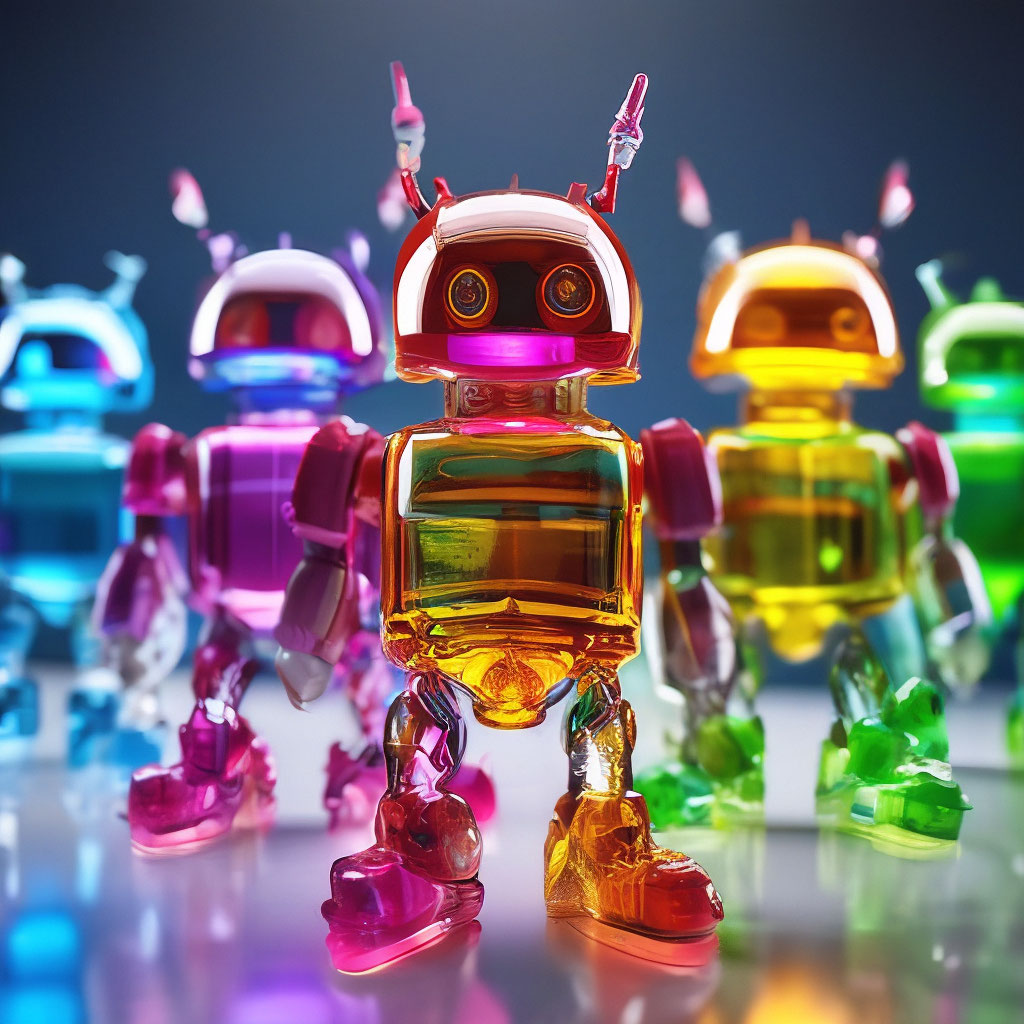 "Multi-colored glass transparent android mascots, robots with antennae ...
