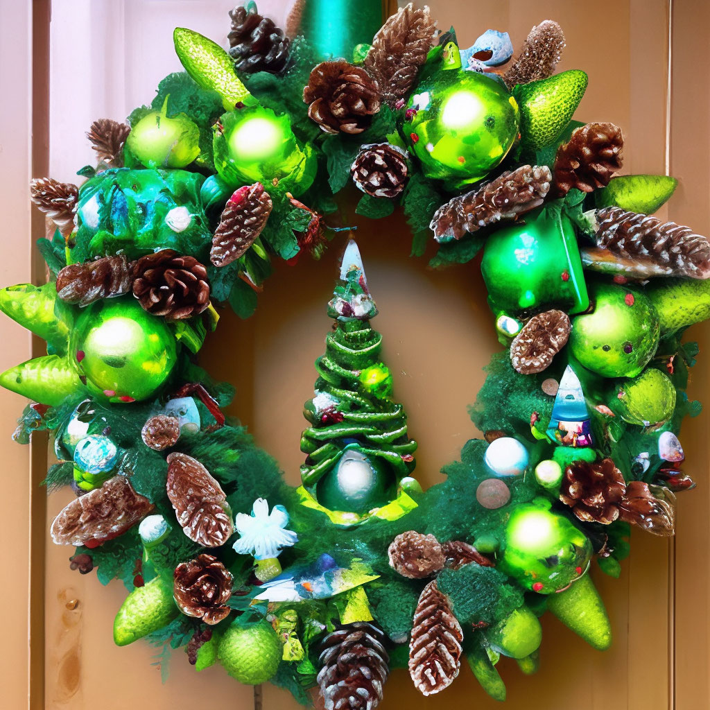 "Bright green wreath decorated with pine branches, cones, Christmas ...