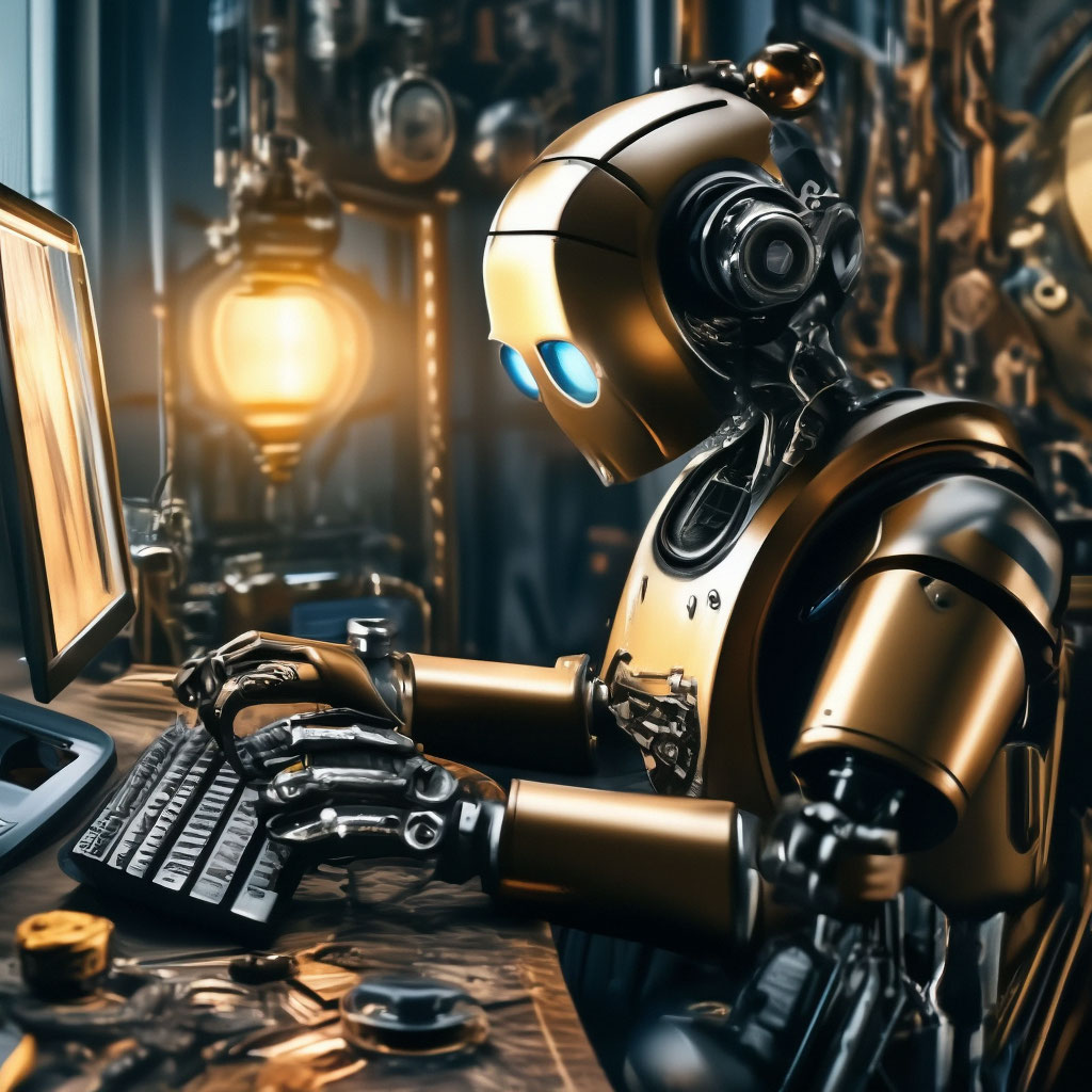 "The robot sits at the computer and works" — image created in Shedevrum