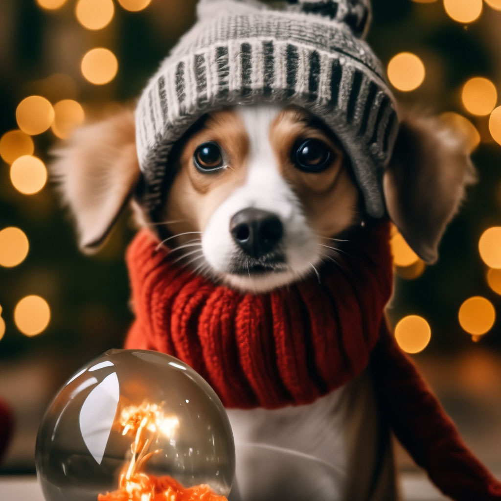 "A cute little dog in a hat and scarf is sitting with a 4k snow globe ...