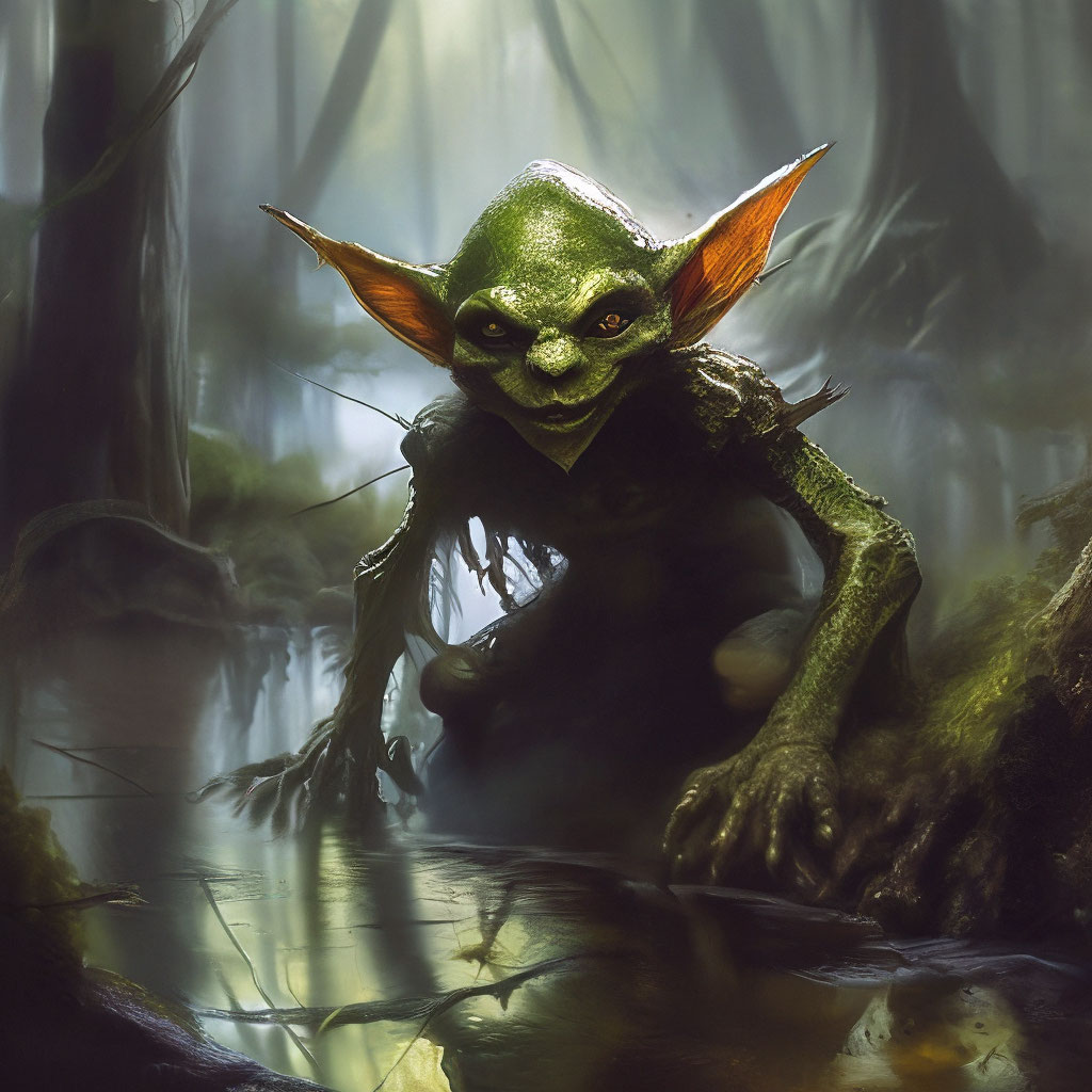 "The goblin is hiding in a swamp in a dark forest realism" — image ...