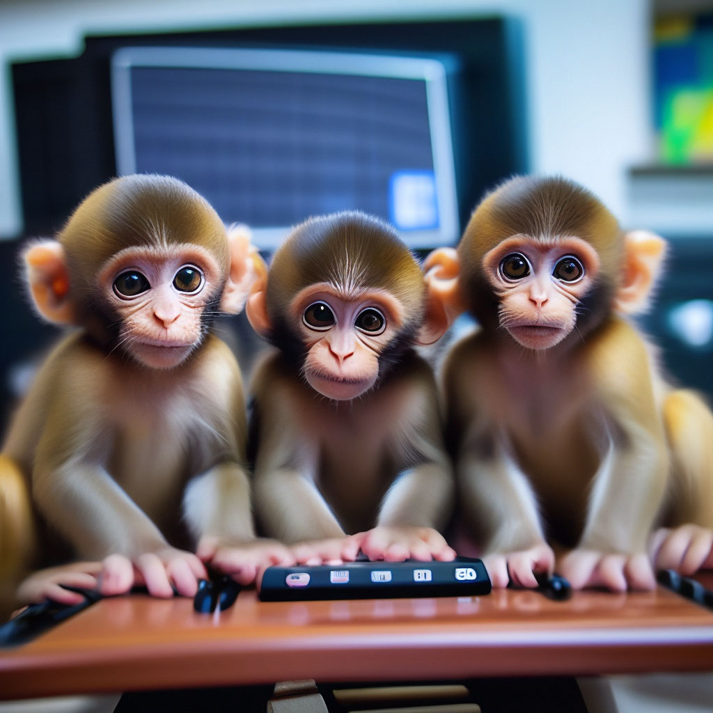 "Three baby monkeys are sitting in front of the computer" — image ...