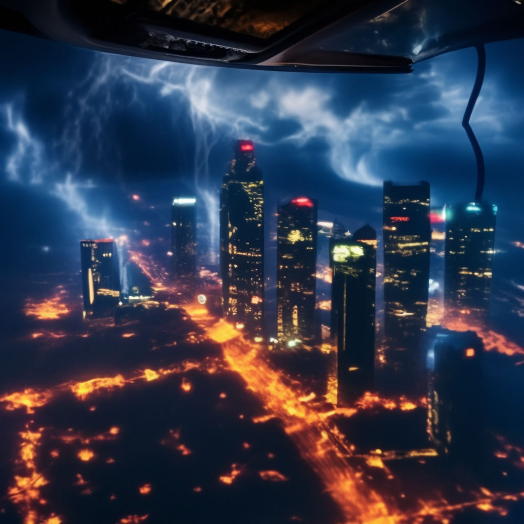 "From the cockpit of an airplane, over a night metropolis, in the sky ...