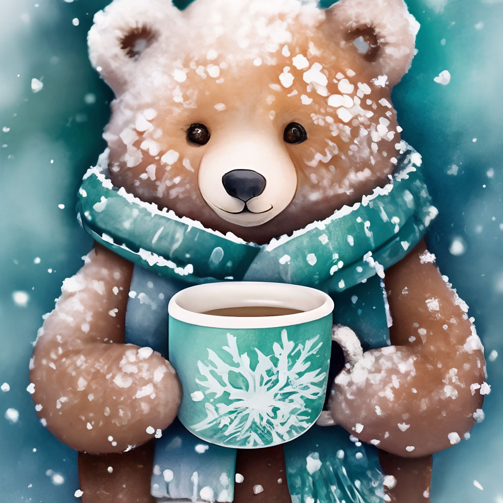 "A cute patterned fluffy with a bear cub in a warm scarf holds a cup of ...
