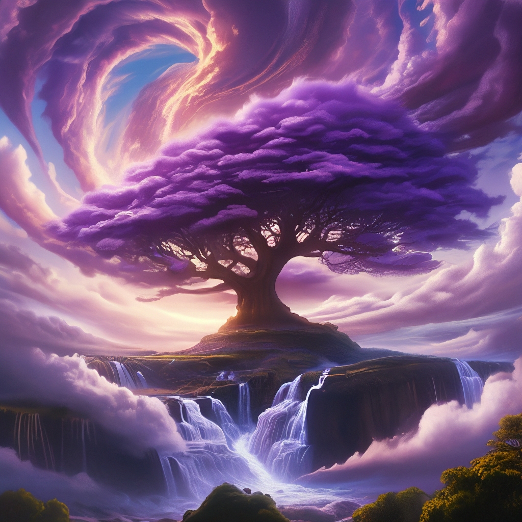 "A huge mighty purple tree in a whirlwind of clouds, spirals of clouds ...