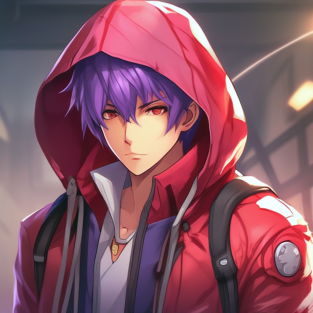 "Guy. He wears a scarlet jacket with a hood. He wears a red jacket and ...