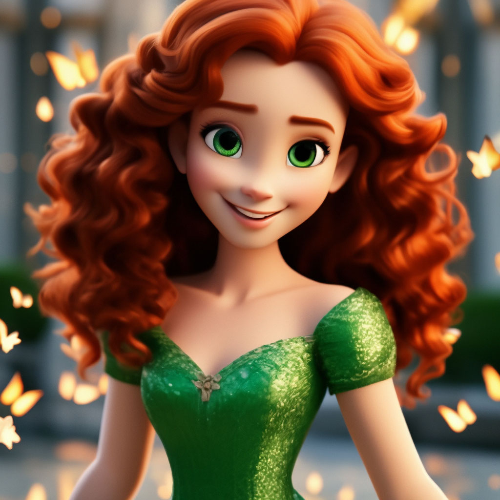 Disney kids movie style. smiling girl with red curly hair and green eyes  with sparkls. her dress is also green and "  image created in Shedevrum