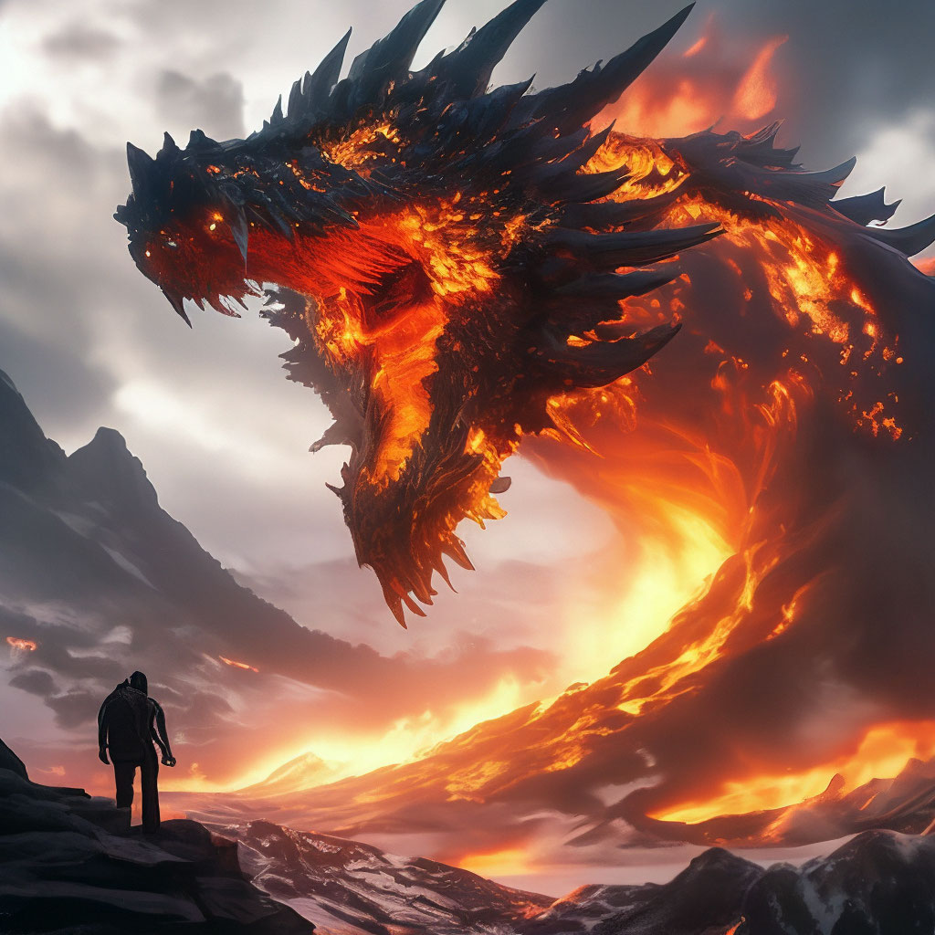 "A huge explosion of a volcano turns into a giant fire dragon" — image ...