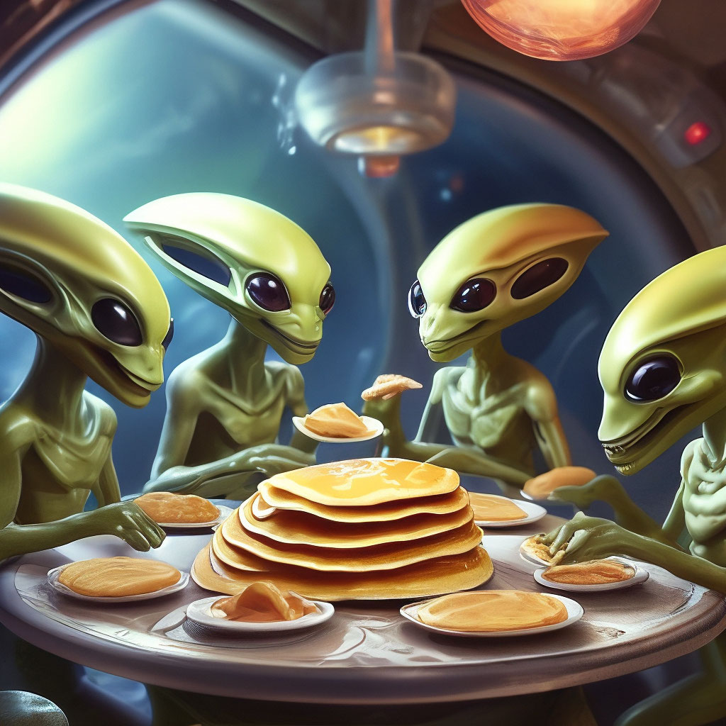 "Aliens eating pancakes" — image created in Shedevrum