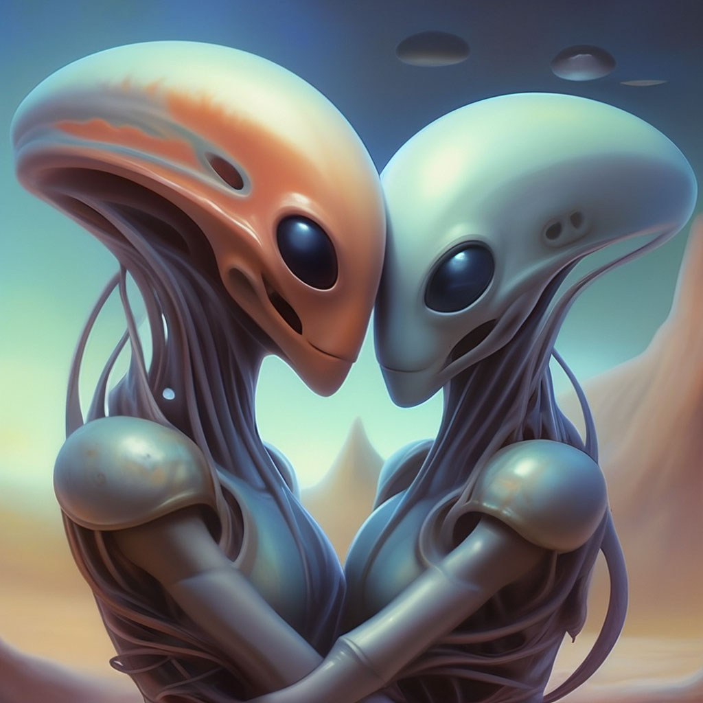 "Alien creatures, tenderness, affection, love" — image created in Shedevrum