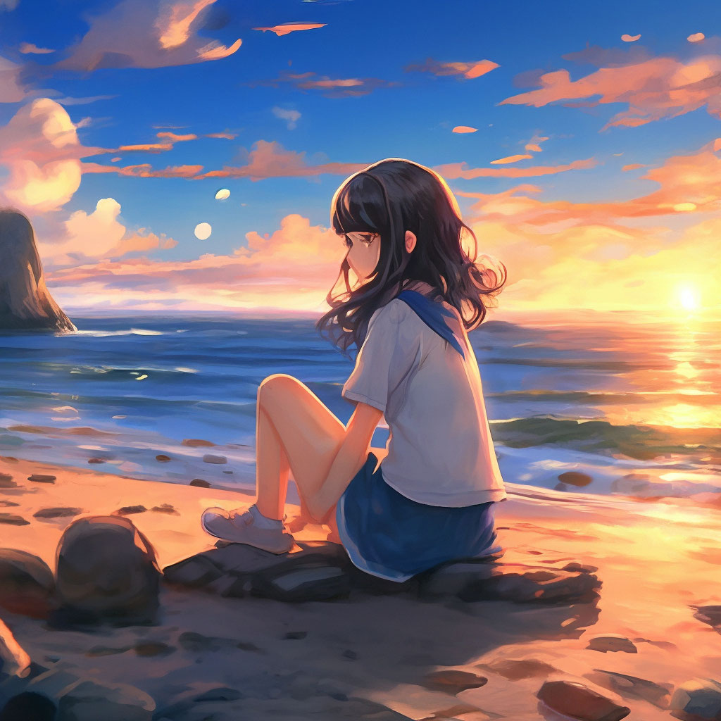 "A girl is sitting on the seashore in anime style" — image created in ...