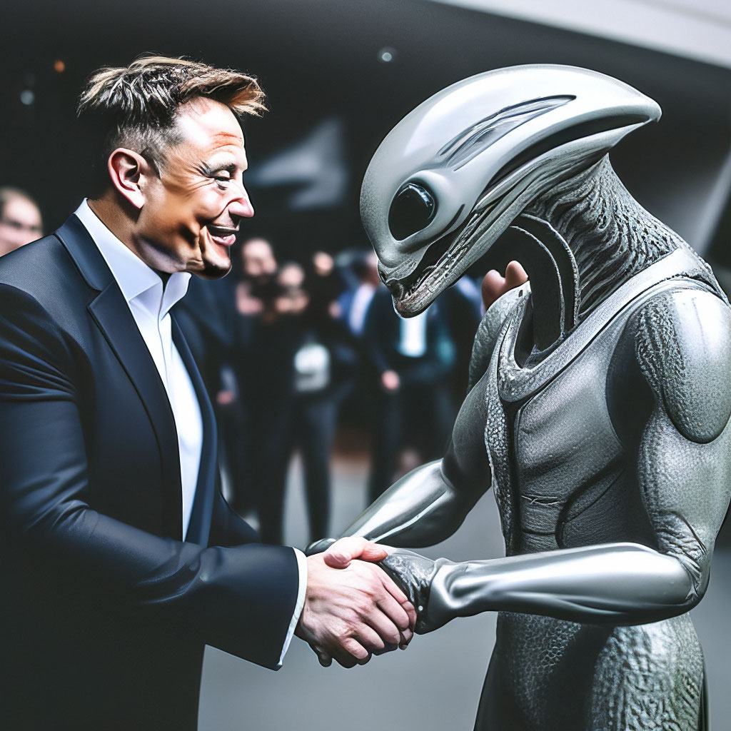 Alien shakes hands with Elon Musk, …" — image created in Shedevrum