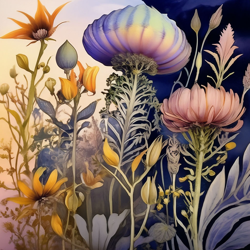 "Alien... alien plants,branches, flowers, grow chaotically,insects, art ...