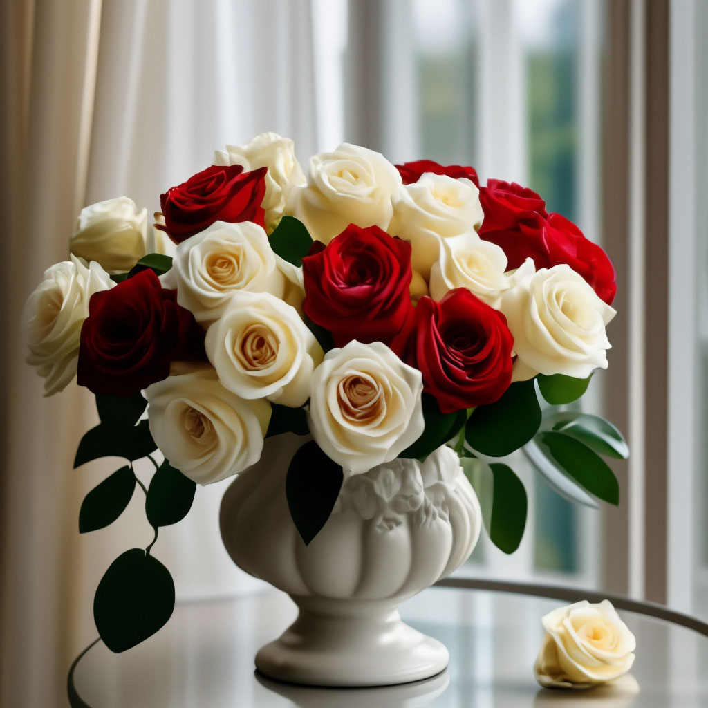 "A beautiful bouquet of red and white roses in an elegant white vase on ...