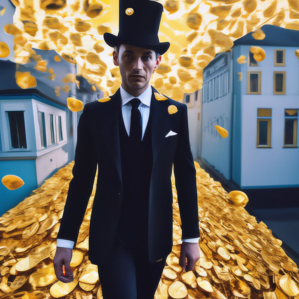 "A man in a black suit and a black top hat walks through a city where ...