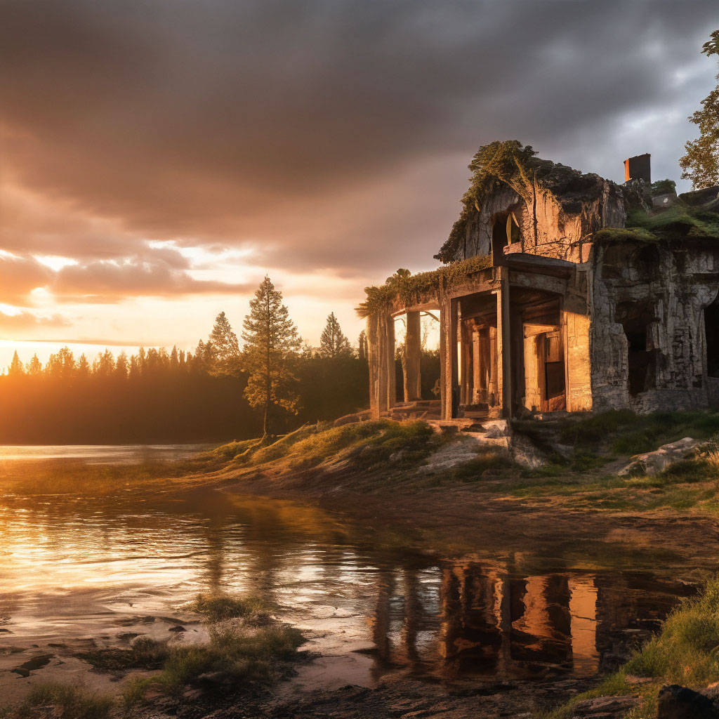 "Ruins of an old house by a lake in the forest, at sunset megarealistic ...