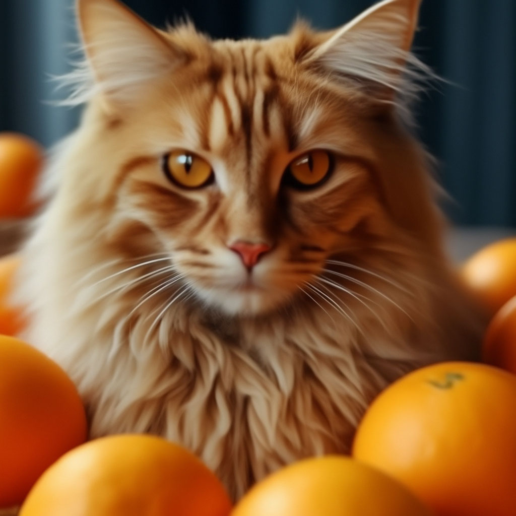 "A beautiful fluffy red cat with bright yellow eyes lies on 4k oranges ...
