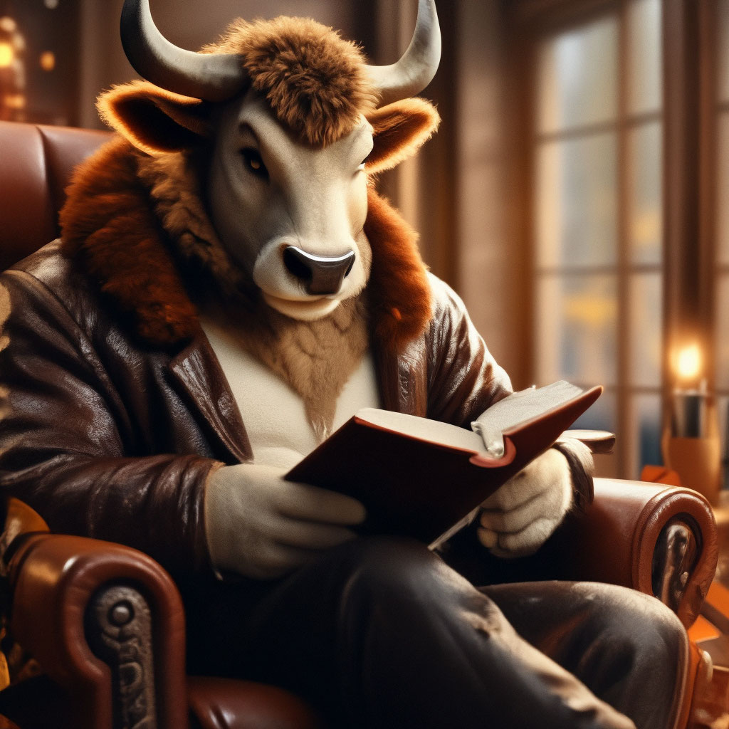 "Anthropomorphic, furry, bull reading a book in a comfortable chair ...