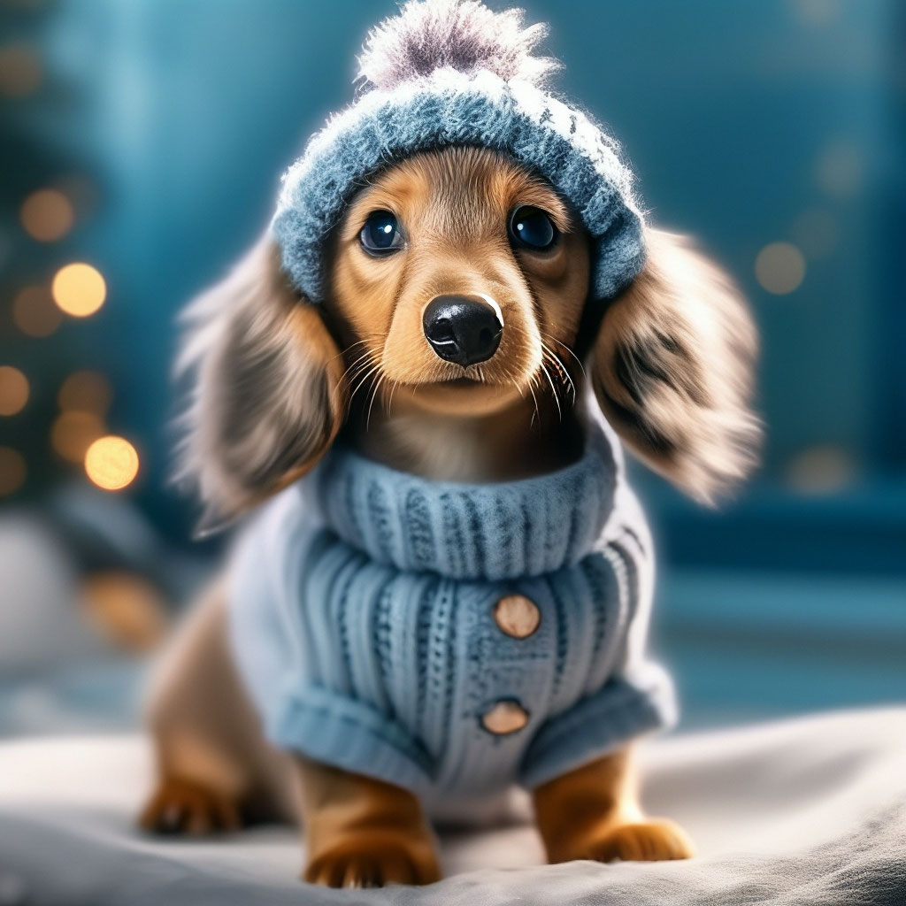 "Cute fluffy dachshund in a hat and sweater, fantasy, anime realism ...