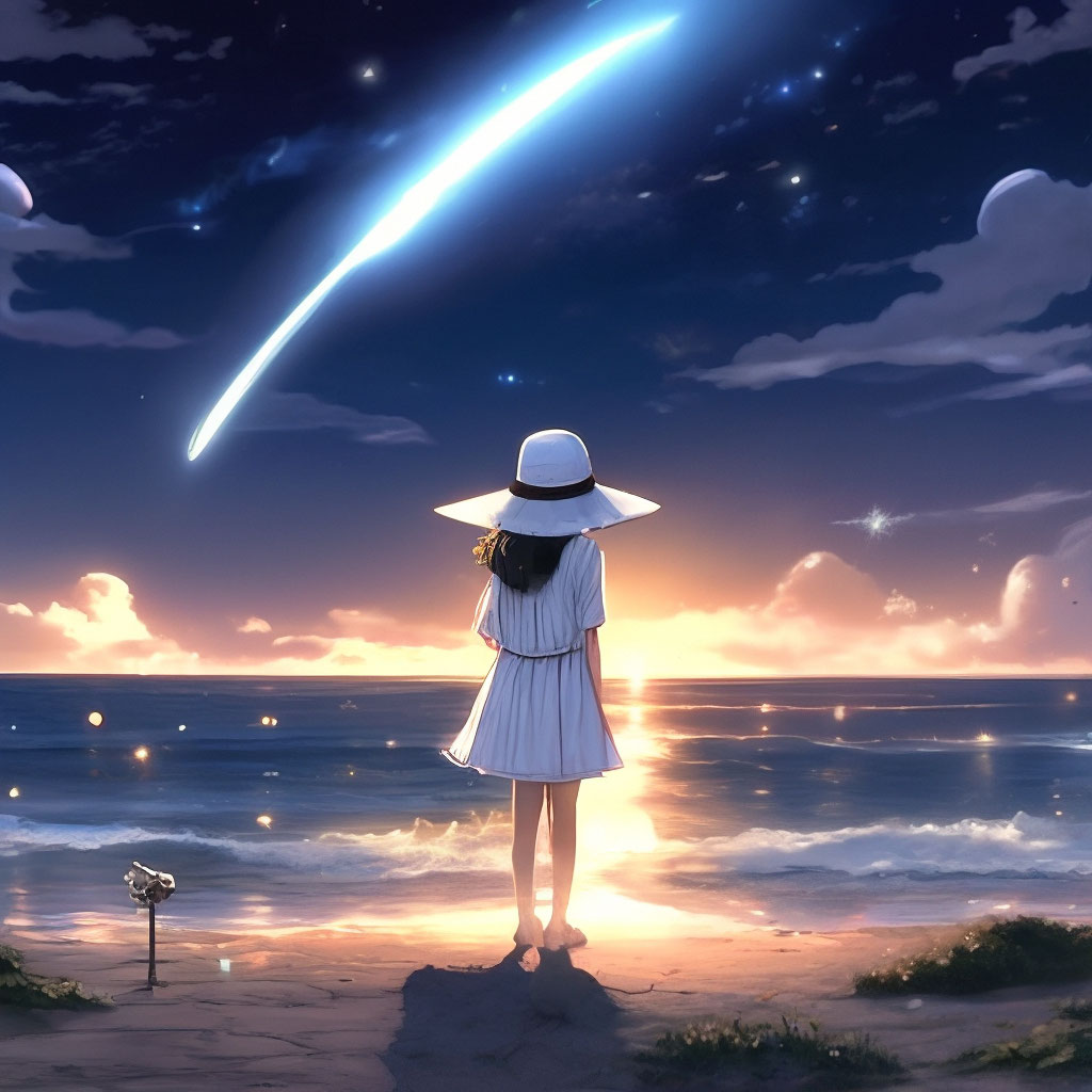 "A wide-brimmed white hat on a girl standing by the seashore in the ...