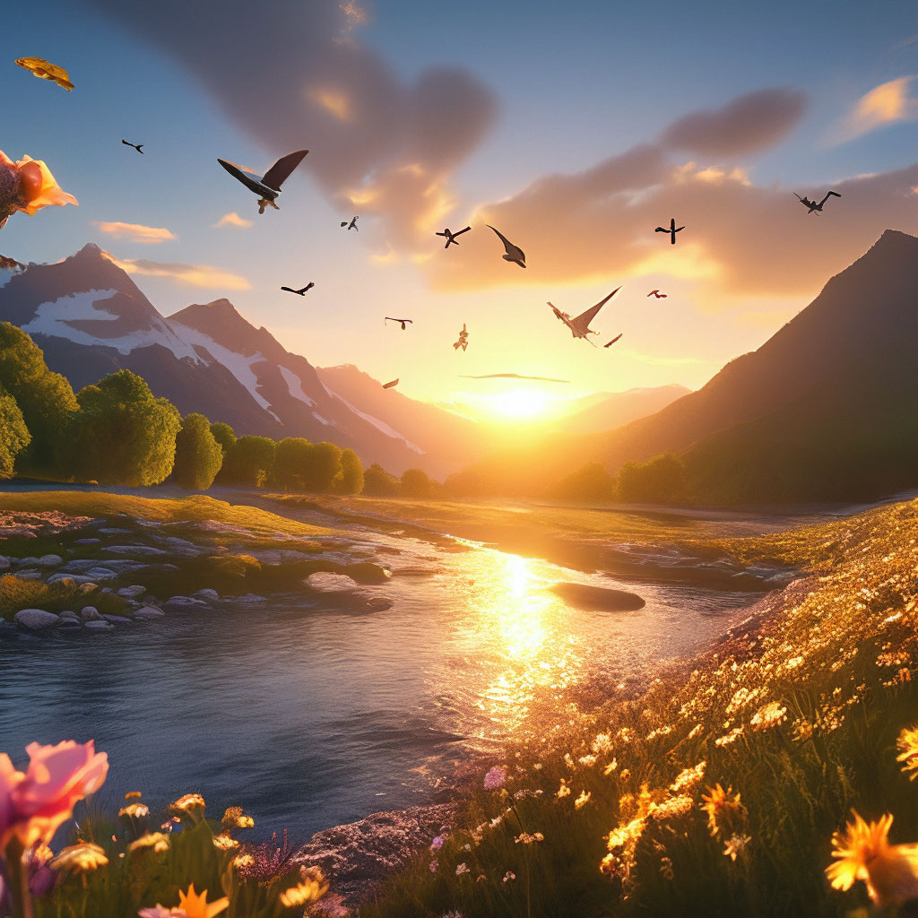 "A golden sunset over the mountains, with a river slowly flowing in the ...