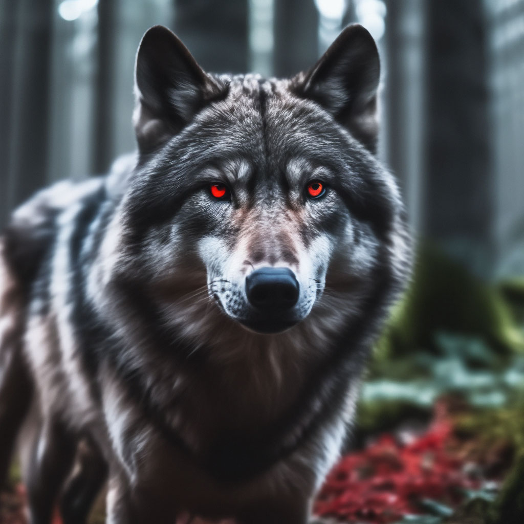 "Gray wolf with red eyes stands in a black forest, aesthetically ...