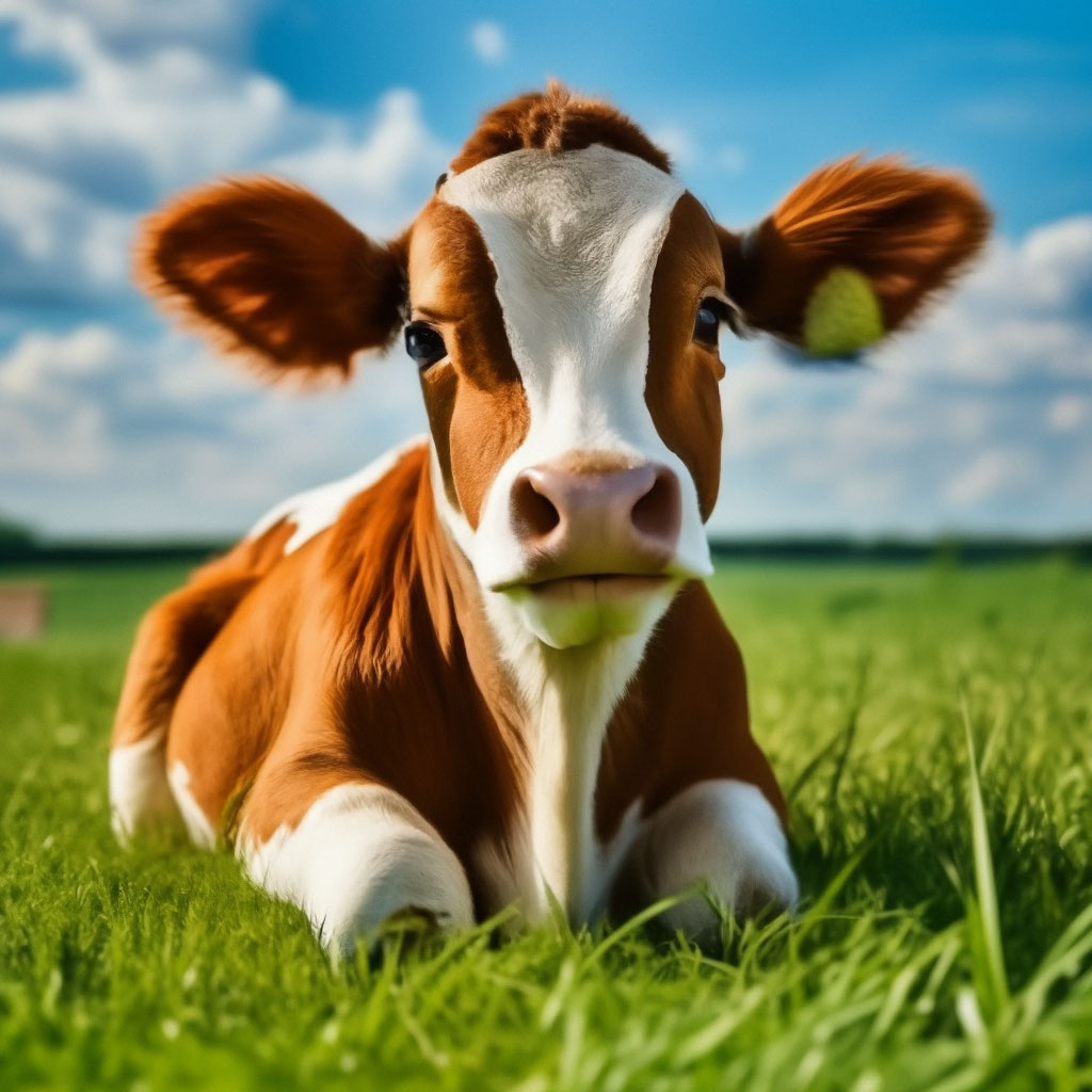 "A cute little cow is sitting on a background of green grass and a rich ...