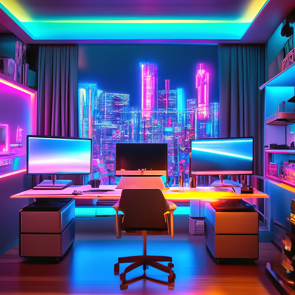 "A room with neon lighting as if from a dream with a huge computer and ...