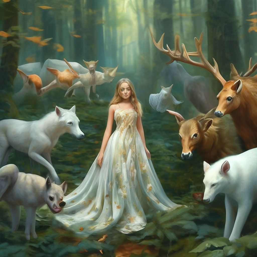 "A girl in a magnificent dress in the middle of the forest surrounded ...
