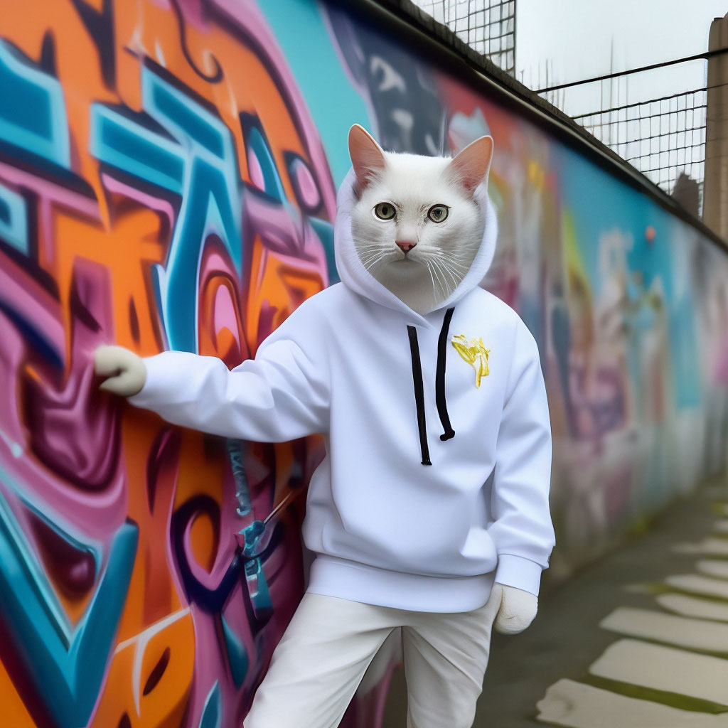 "A white cat in a white hoodie draws graffiti on the wall" — image ...