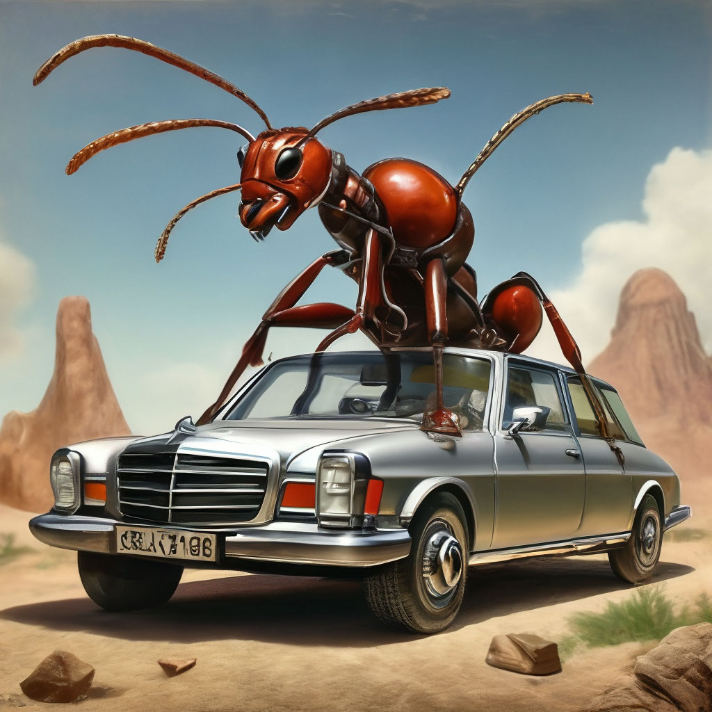 surrealism,an ant bodybuilder,carries a Mercedes on his back,detailed ...