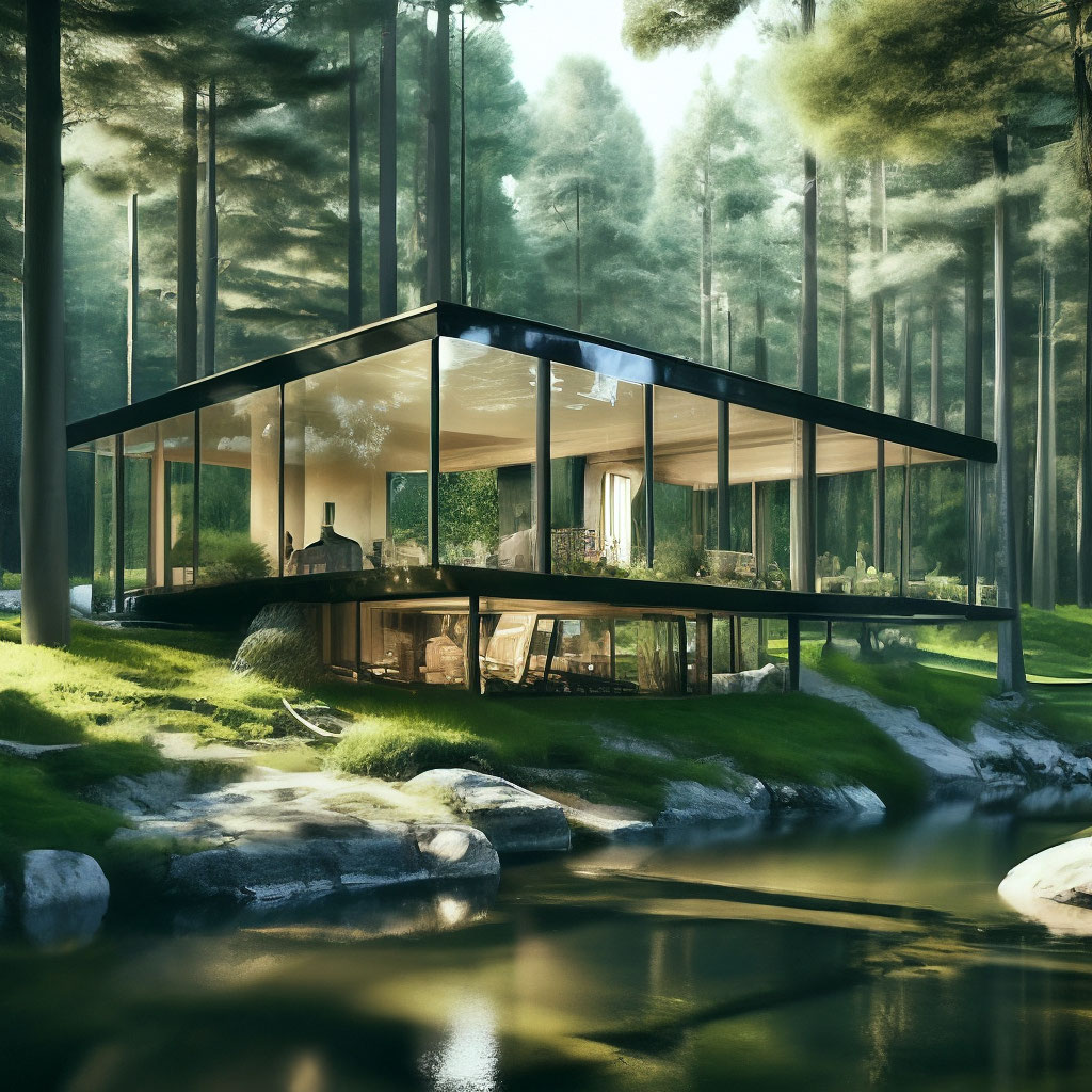 "Glass house on the edge of the forest with a river" — image created in ...