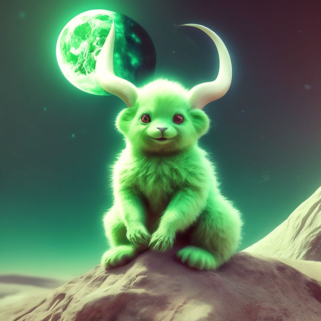 "A small fluffy alien beast of light green color sits on the moon with ...
