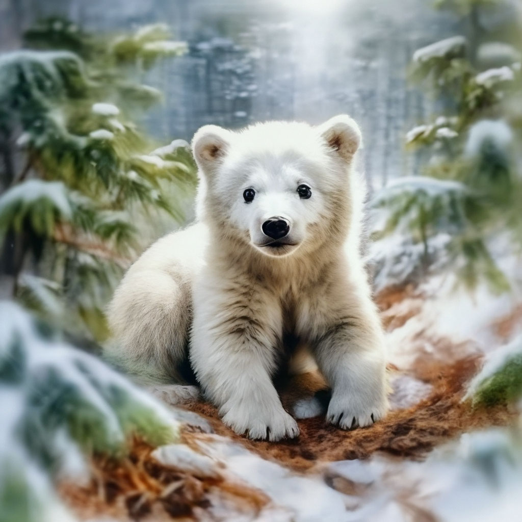 "Watercolor, fine drawing, cute realistic white bear cub lies under a ...