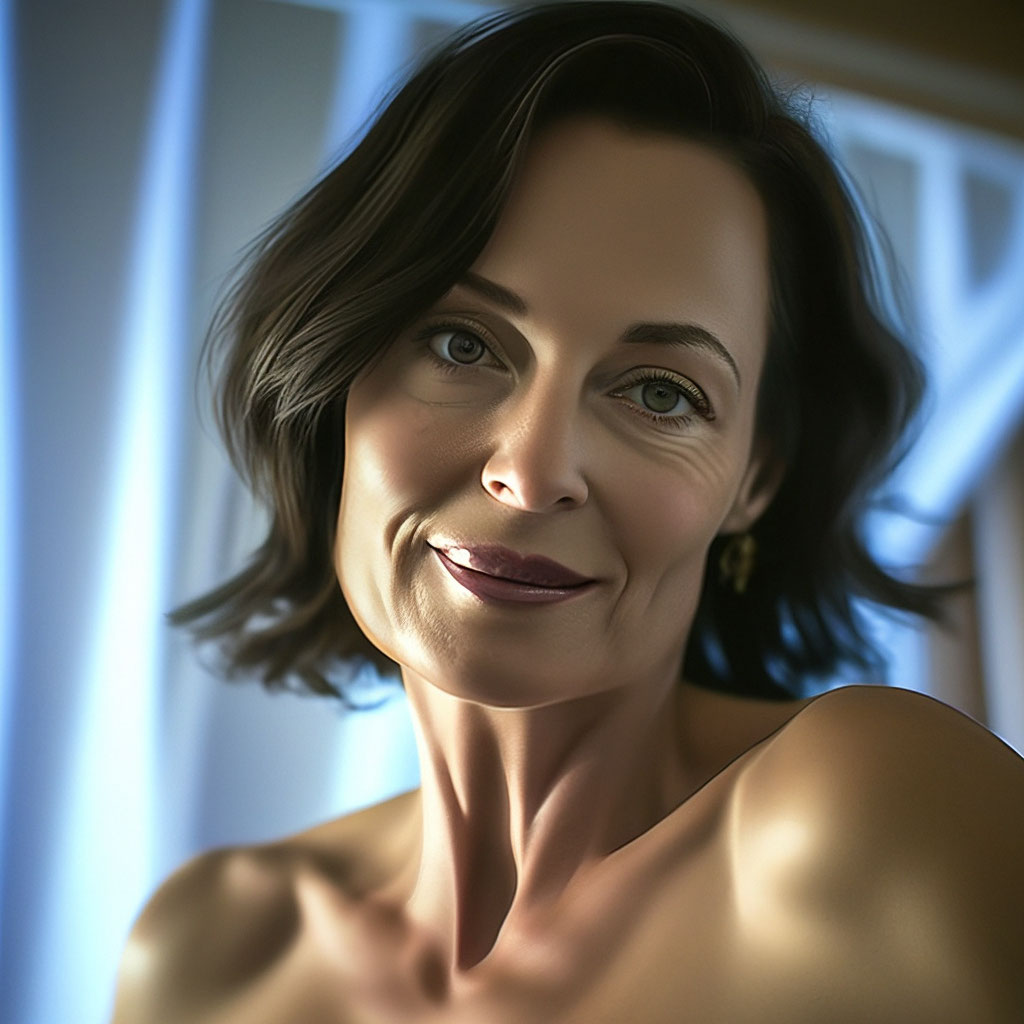 Foreshortening bent over my face m.I.l.f. brunette in a swimsuit photo,  huge… — image created in Shedevrum