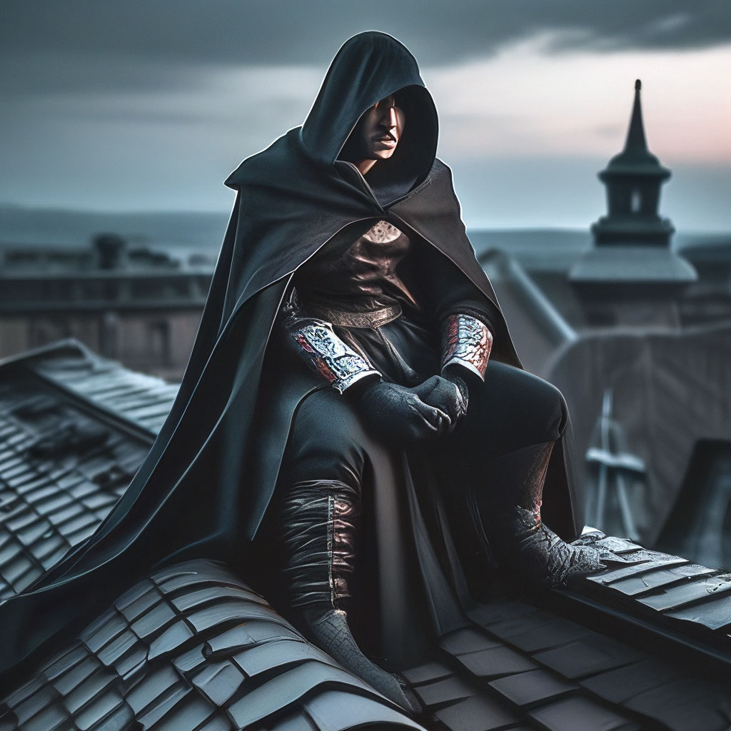 "Assassin in a black cloak, high quality photo, night, sitting on the ...