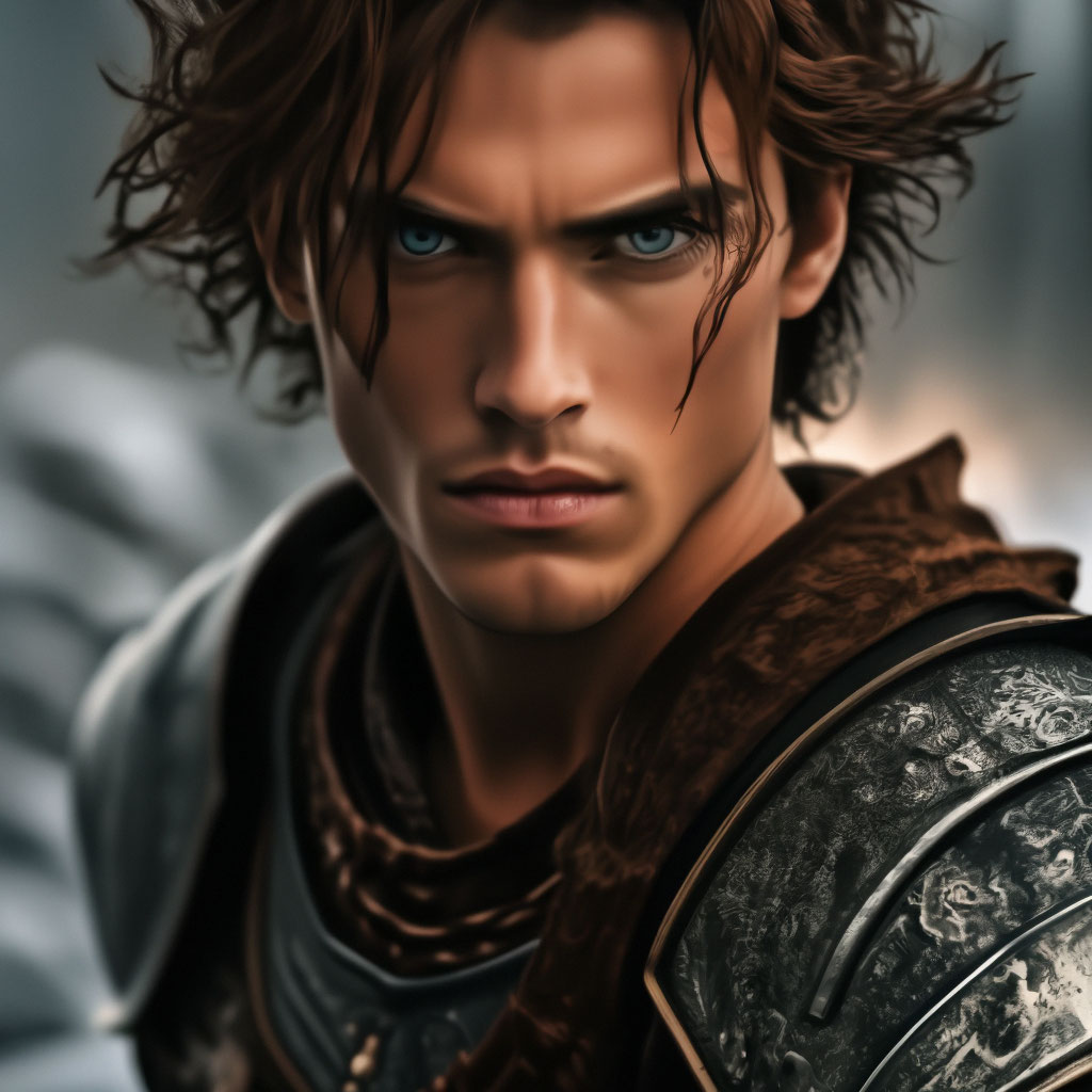 "A man with brown hair and green eyes is a warrior" — image created in ...
