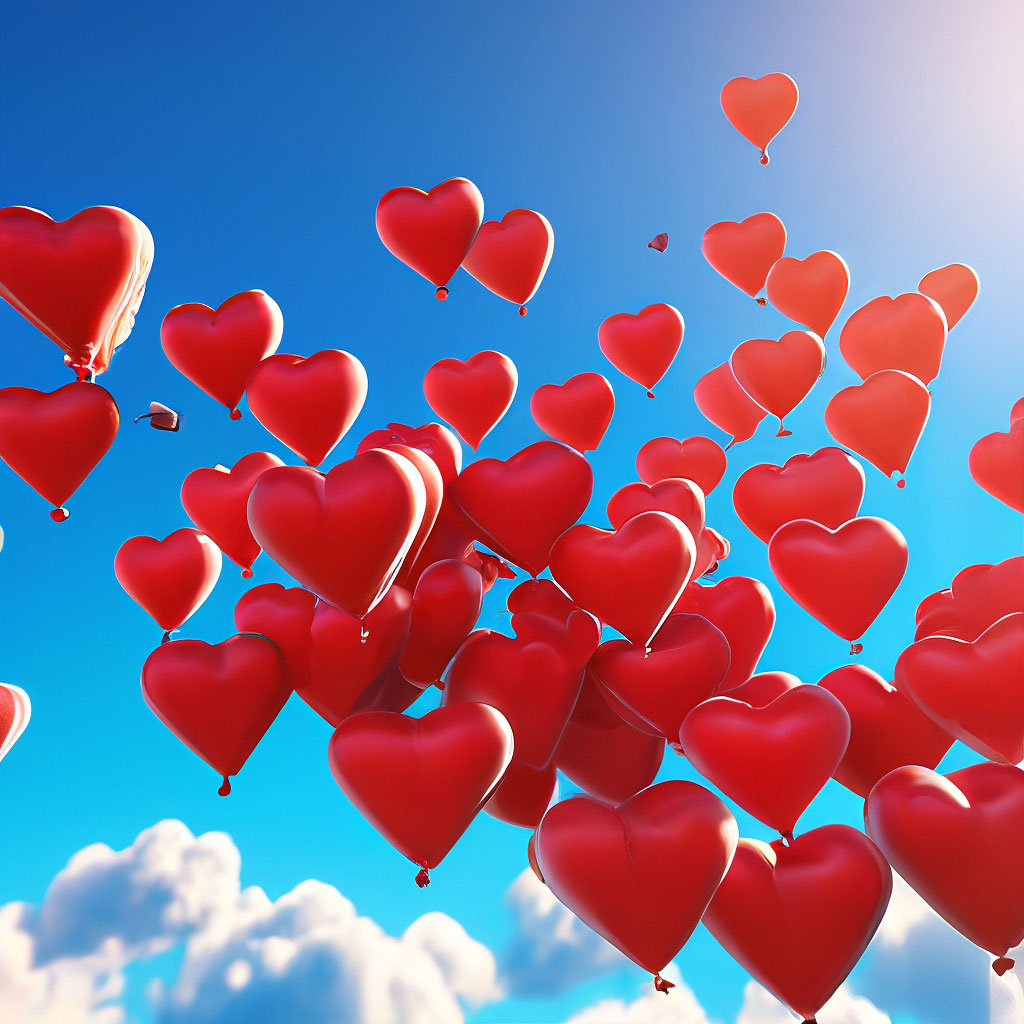 "A bunch of balloons in the form of red hearts are flying against the ...