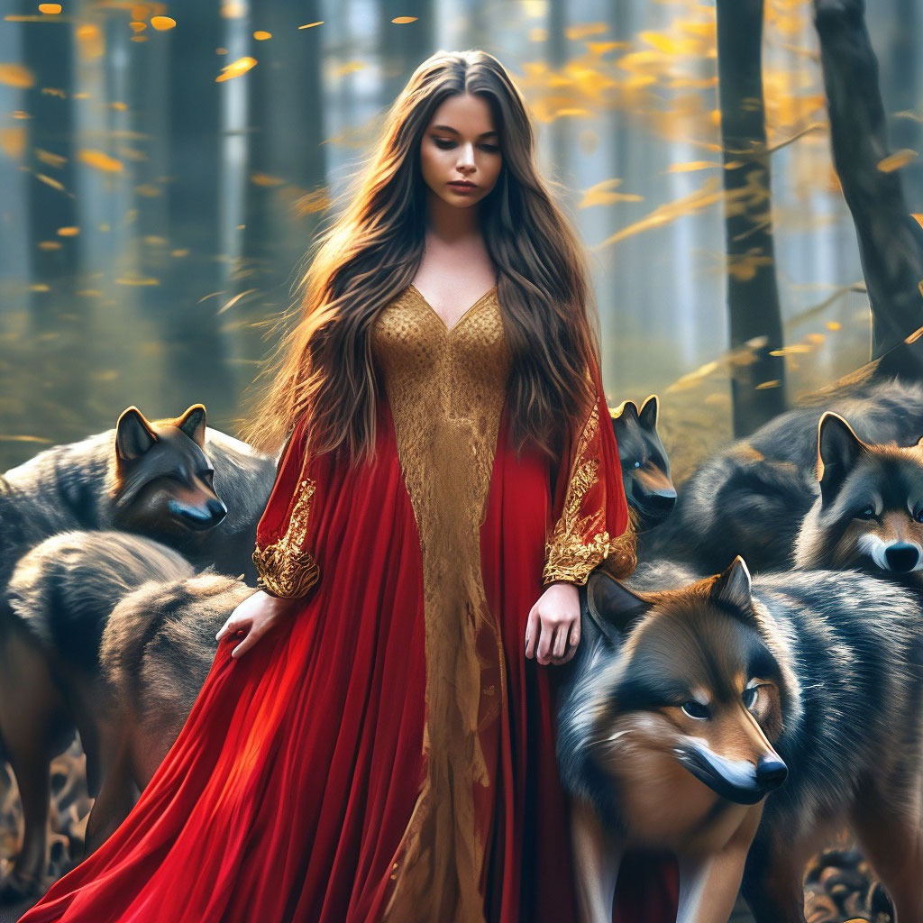 "A beautiful girl in a red long dress with golden patterns, with long ...