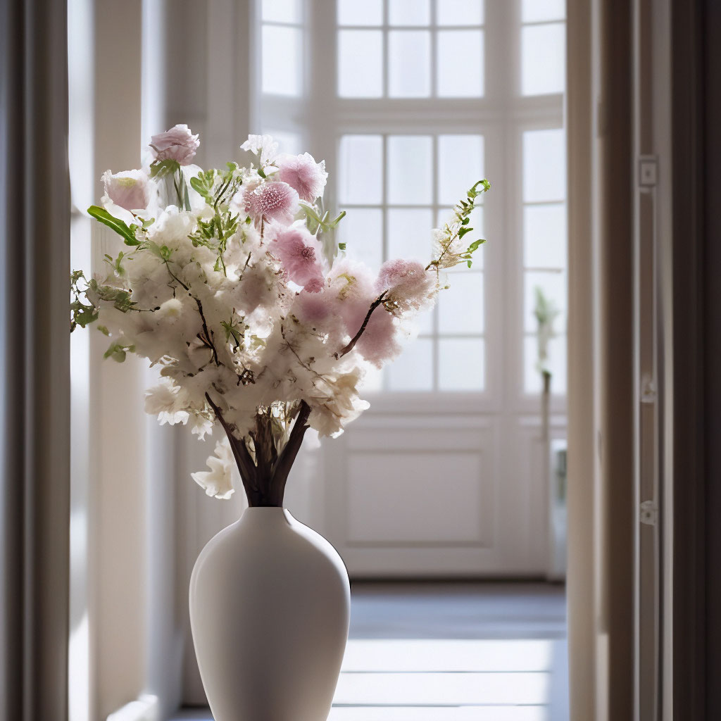 "Interior in white hall with outdoor white vase with flowers ...