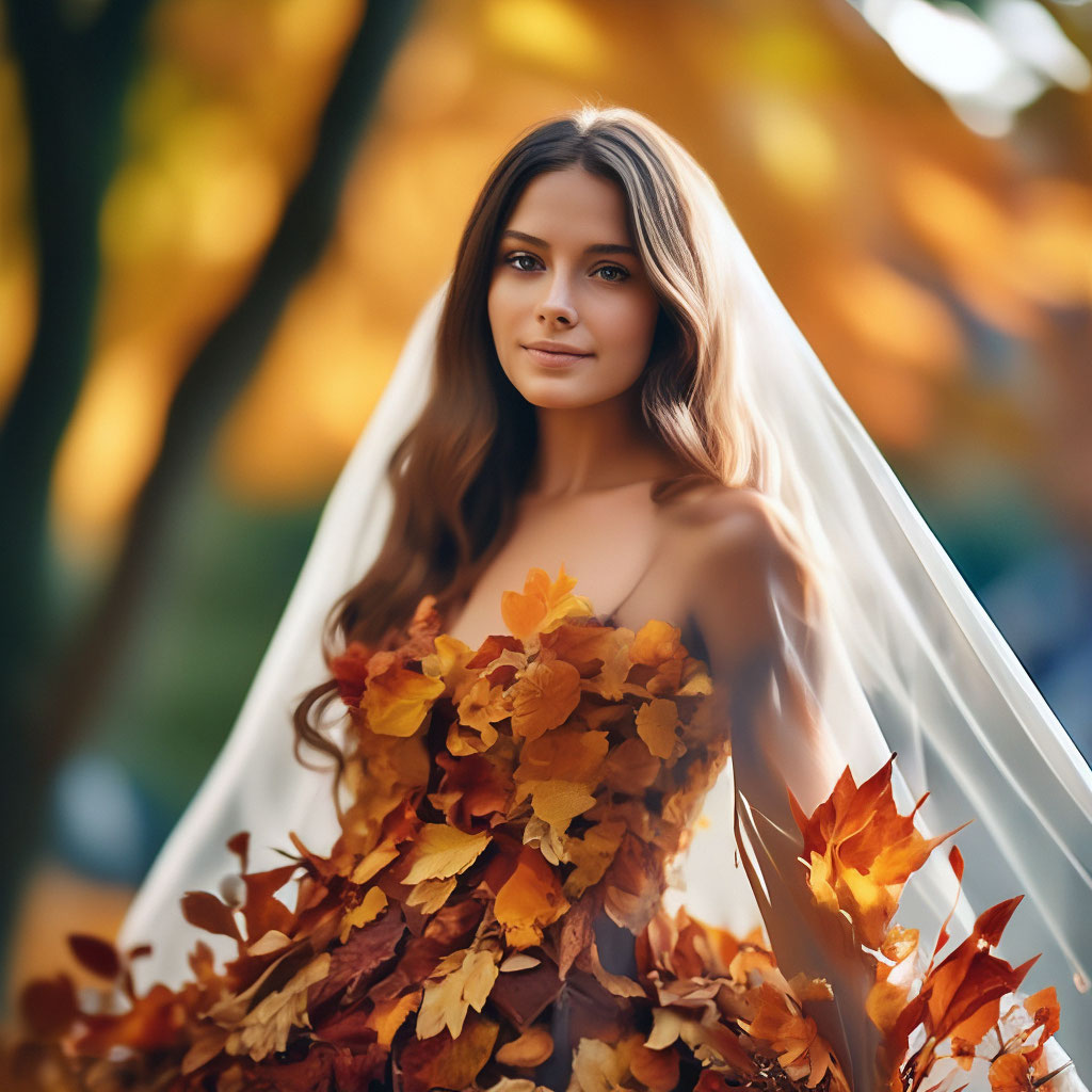 "Beautiful girl in a dress made of autumn leaves with a train of ...