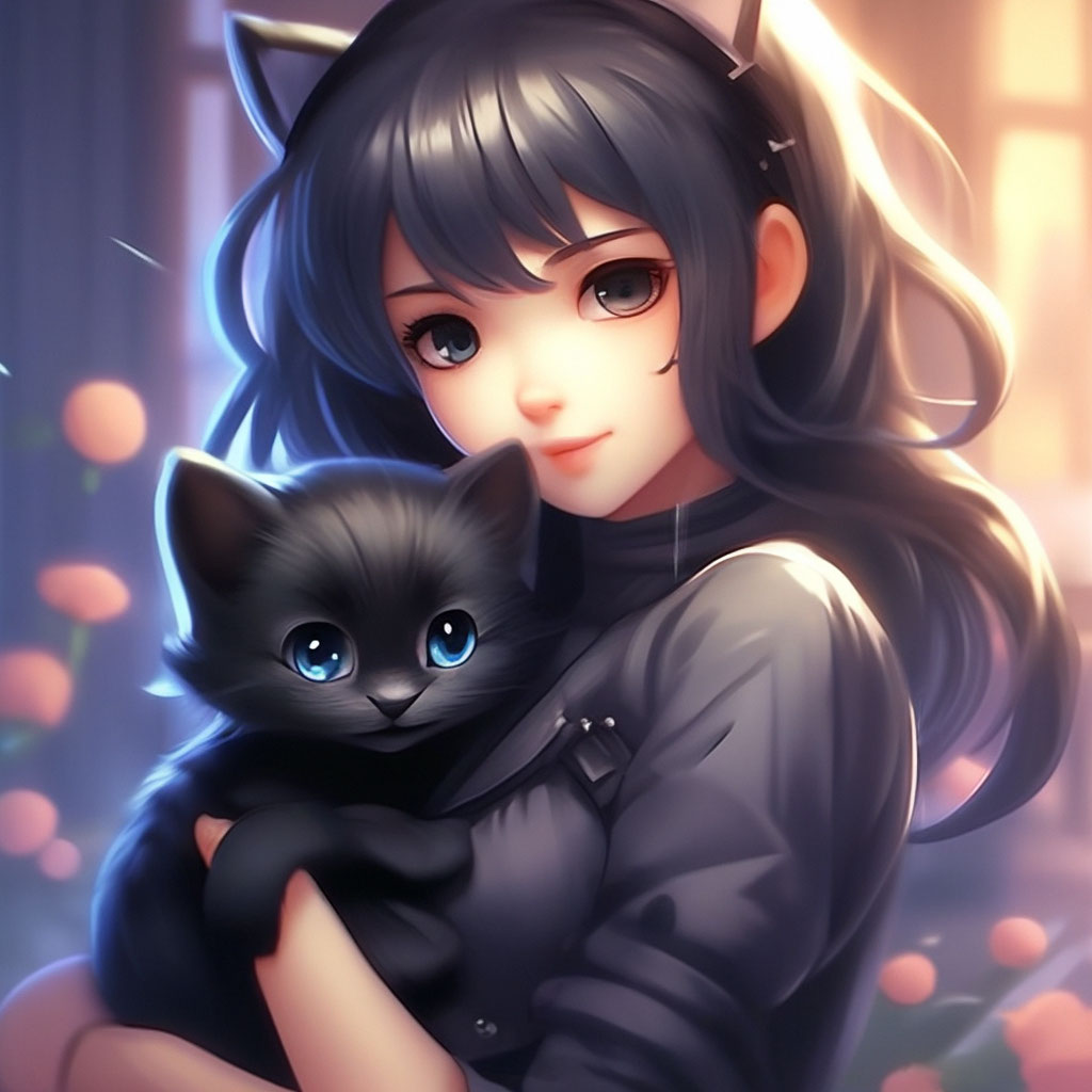 Милая аниме девочка с чёрным кот…» — создано в Шедевруме