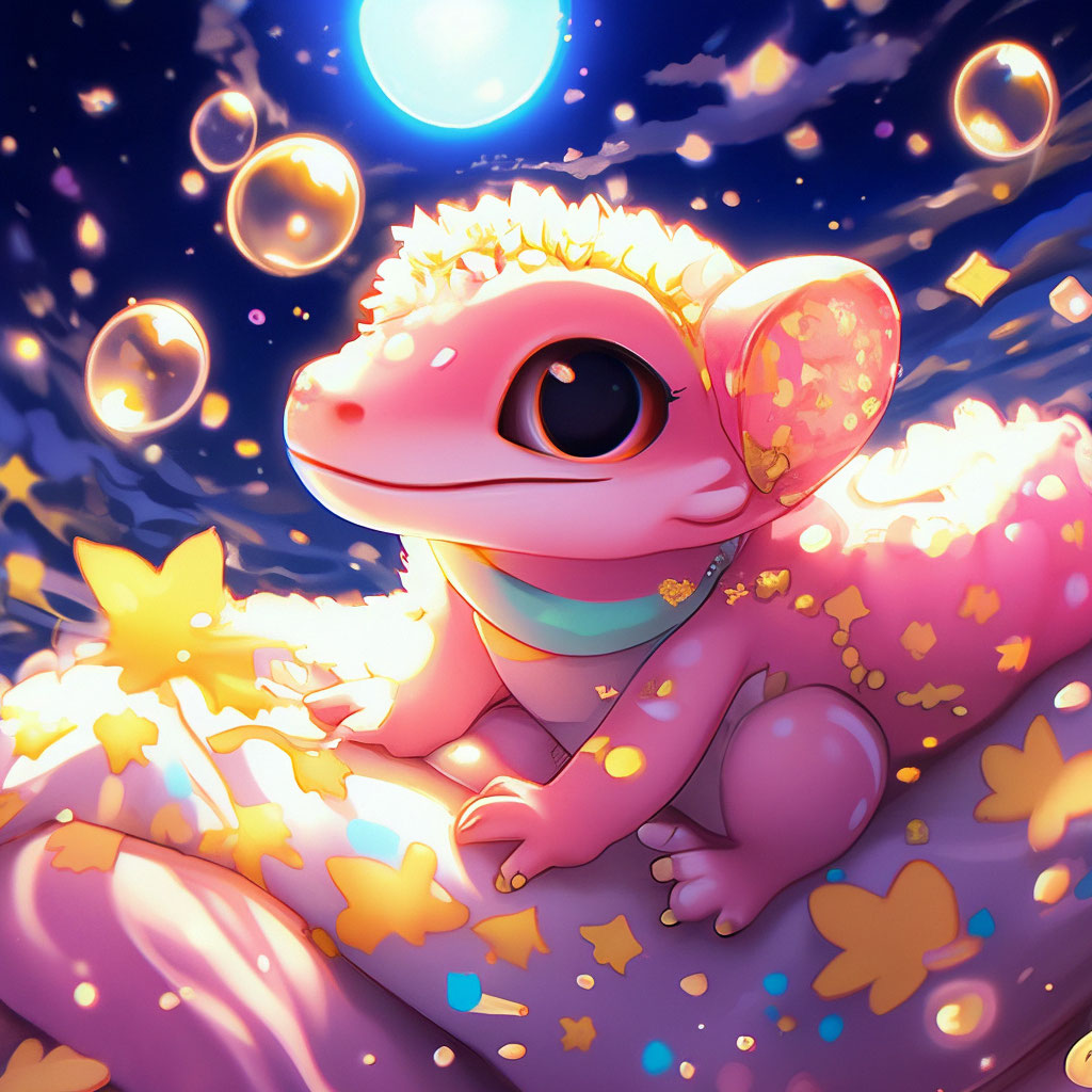 sweet dreams to all! a cute anime pale-pink fluffy gecko, japanese ...